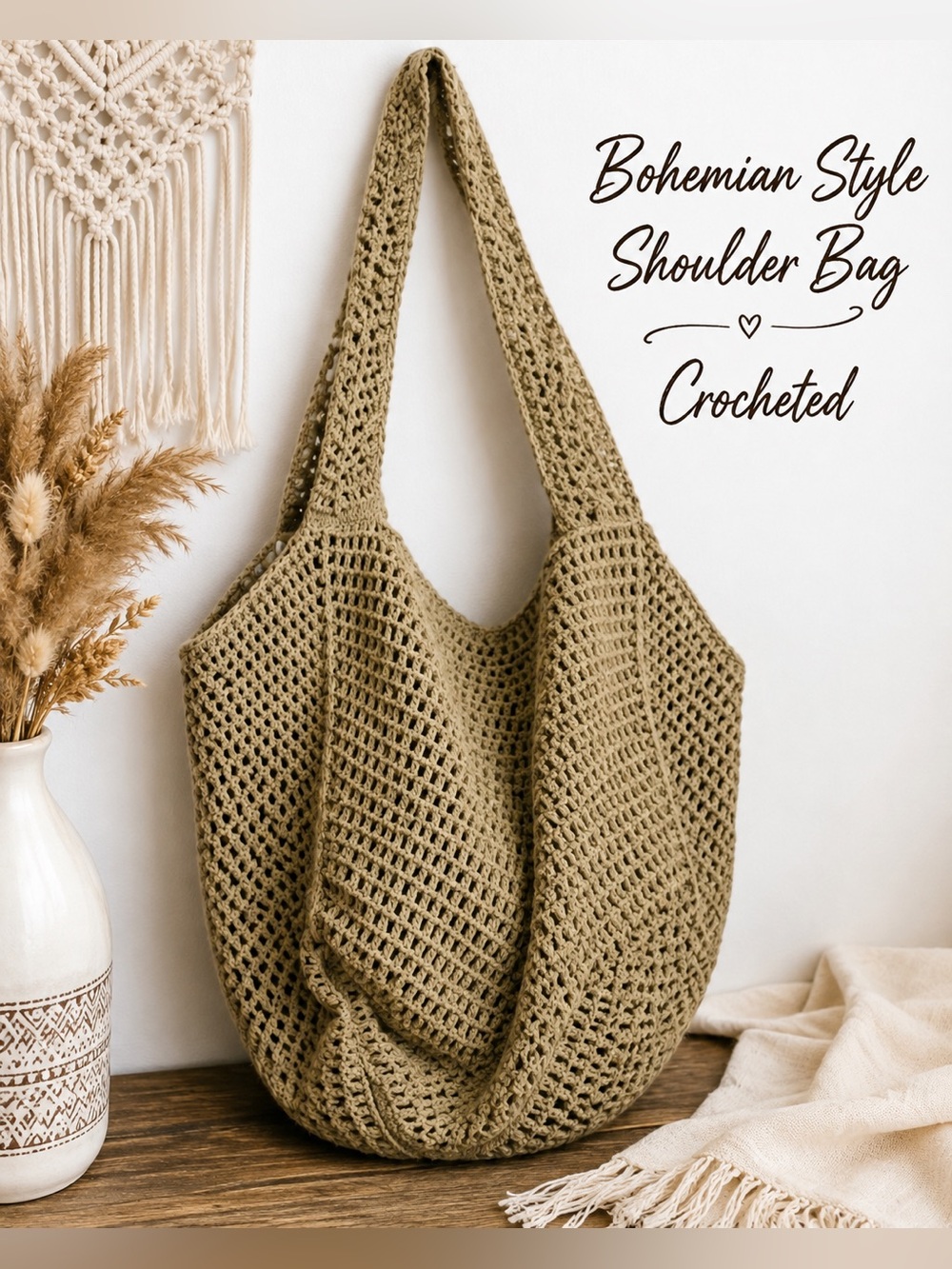 Bohemian Crocheted Shoulder Bag in Wheat